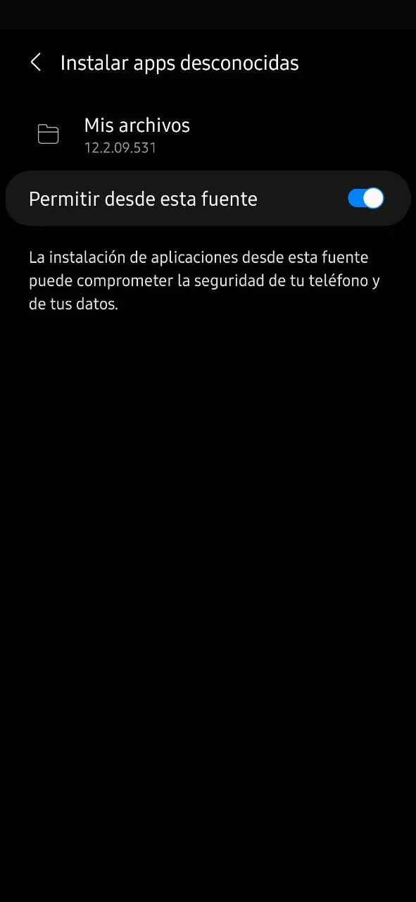 Activa la opción Fuentes desconocidas en los ajustes para instalar 1Win.
