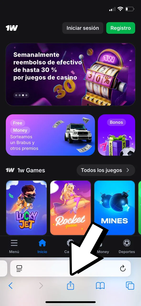 Desde Safari abre la web oficial de 1Win y pulsa el ícono de compartir.