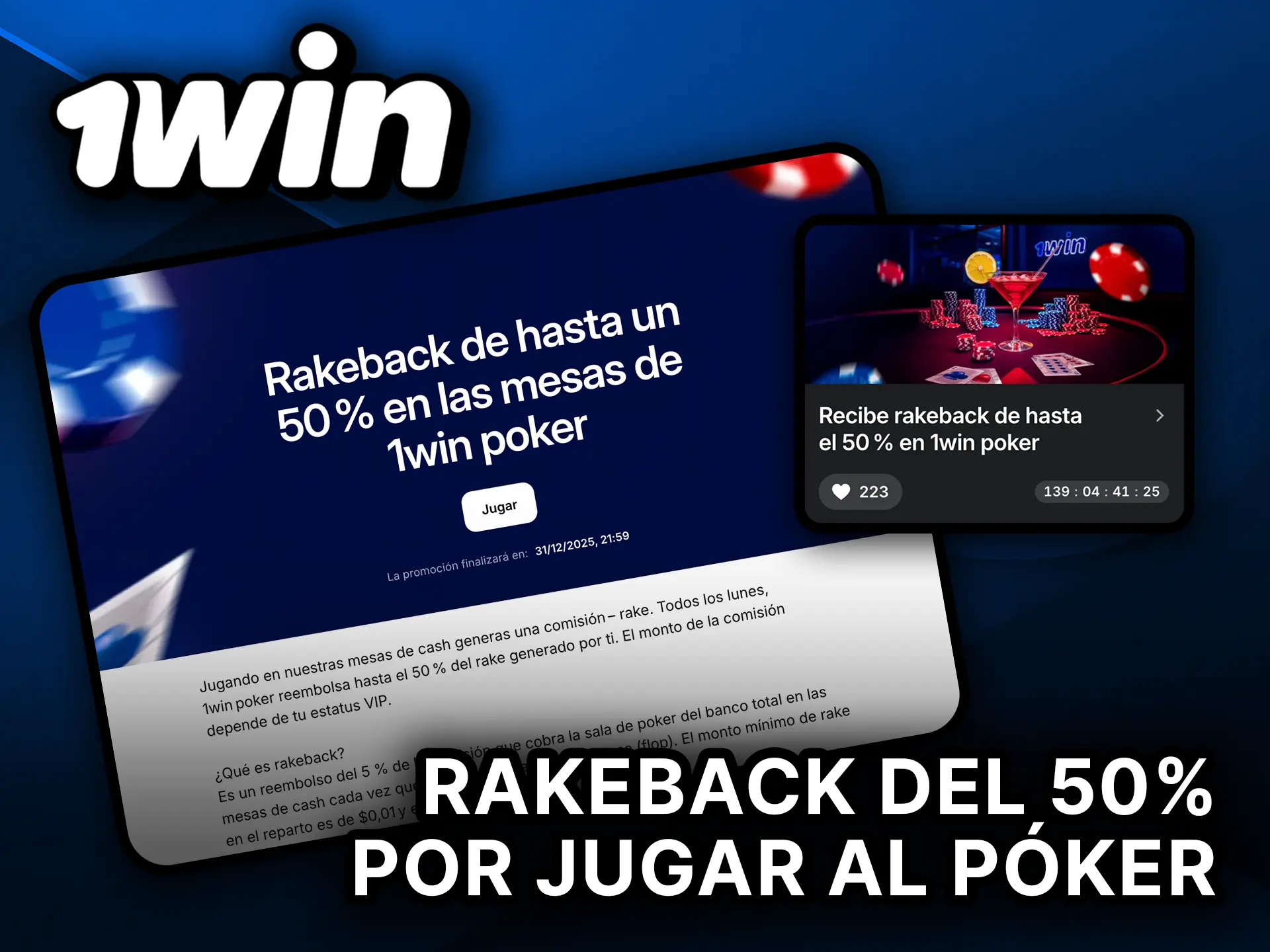 Gana un rakeback del 50 % jugando al póker en 1Win.