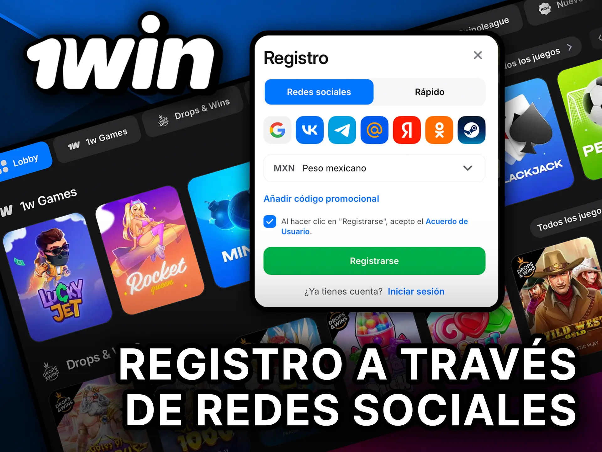 Crea tu cuenta en 1Win a través de redes sociales en segundos.