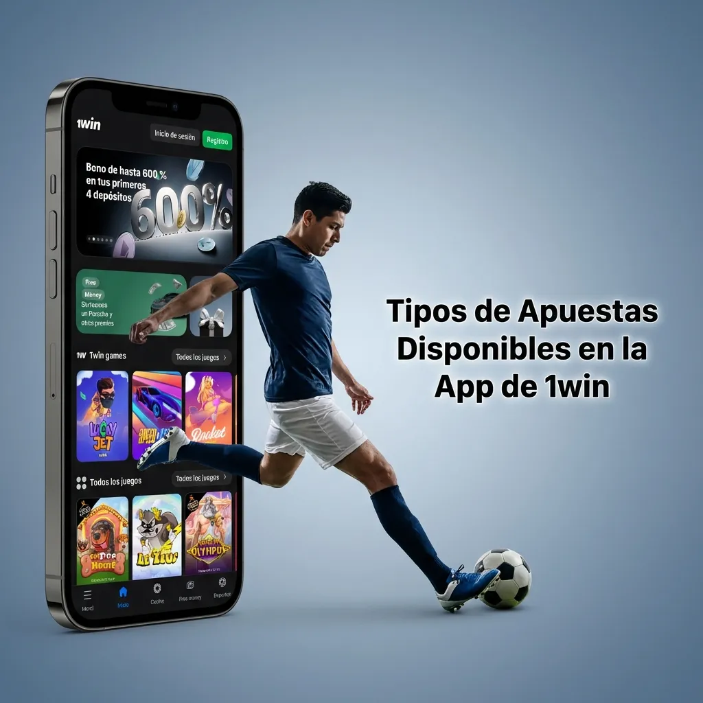 Pantalla de la app 1win mostrando diferentes tipos de apuestas: simples, múltiples, sistema, exprés y en vivo